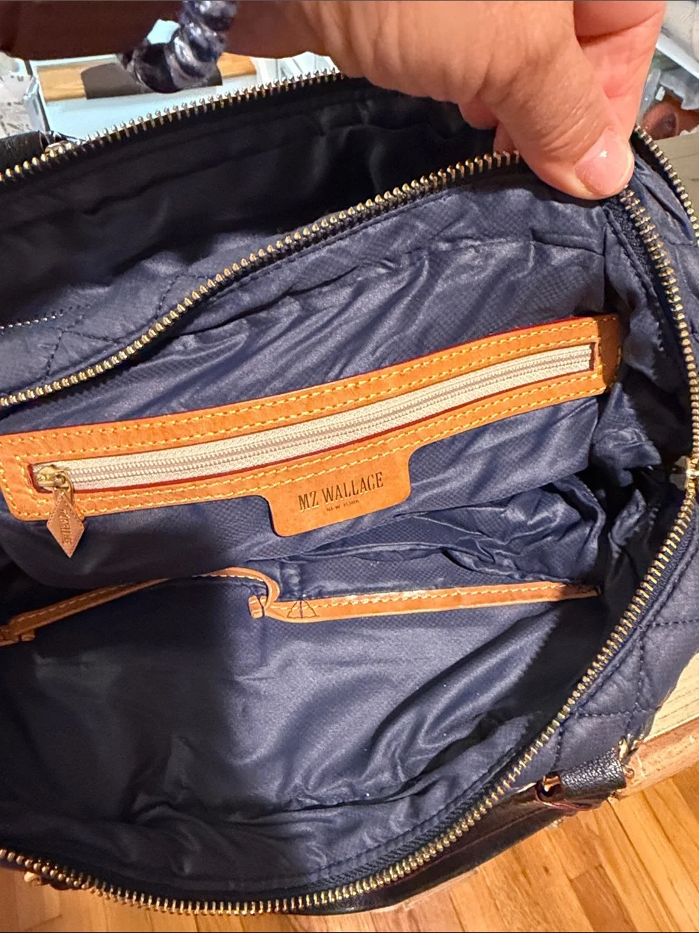 MZ Wallace Navy Quilted Shoulder Bag with Black Straps